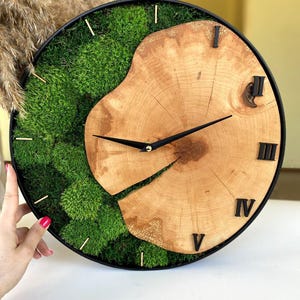 Handcrafted Wall Clock from Real Wood and Moss | Eco Interior Decor | Silent Rustic Wooden Clock with Metal Elements