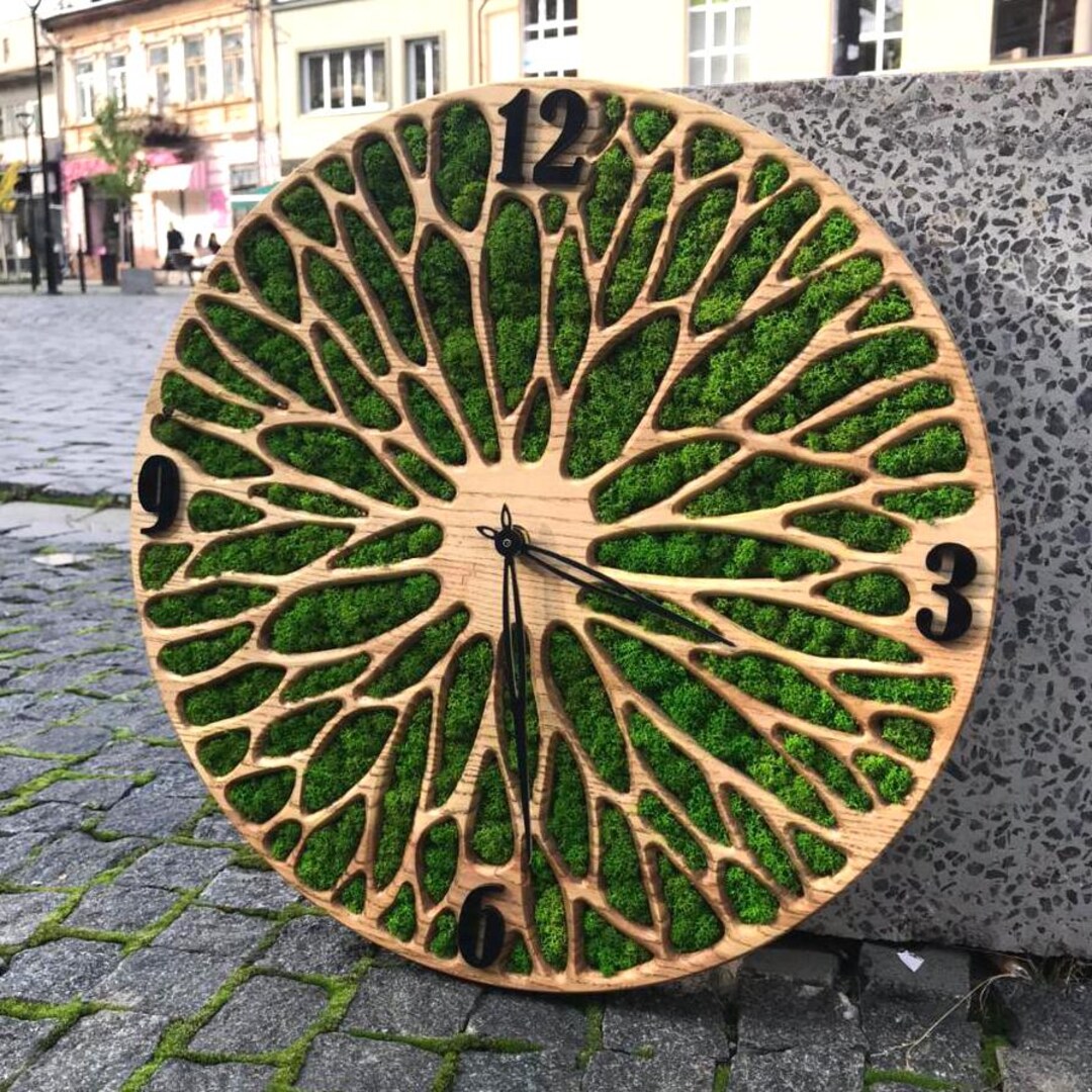 Handmade Wooden Wall Clock With Preserved Moss: 16" Eco Decor - Etsy