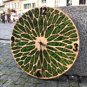 Handmade Wooden Wall Clock with Moss | 16” Eco Decor | Natural Green Art | Silent Mechanism | Custom Size