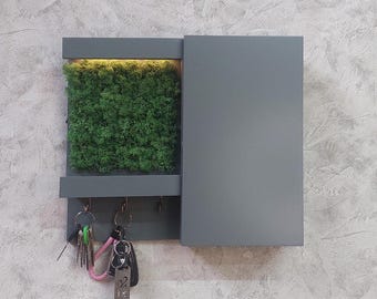 Led-licht houten sleutelhouder met mos - moderne halopberger