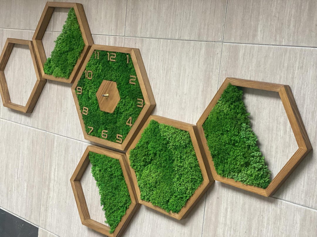 Moss Wall Clock: Wooden Hexagon Panels, Modern Green Decor - Etsy