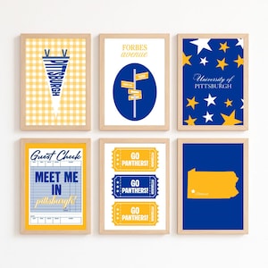 May include: A set of six framed wall art prints featuring University of Pittsburgh themes. Designs include a yellow gingham pennant, a Forbes Avenue street sign, a blue star pattern, a guest check, three tickets reading GO PANTHERS!, and a map.