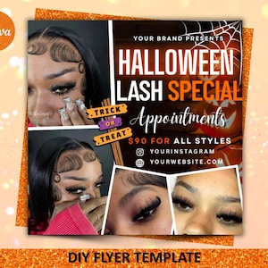 Może przedstawiać: Szablon ulotki na Halloween z czarno-pomarańczową kolorystyką. Ulotka promuje specjalną ofertę na rzęsy z tekstem "Halloween Lash Special Appointments" i zawiera zdjęcia oczu z długimi rzęsami. Ulotka zawiera również tekst "Trick or Treat".