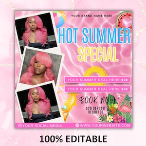 May include: Pink and yellow graphic with the text "HOT SUMMER SPECIAL" and three photos of a person with pink hair. The graphic includes a beach ball, a watermelon slice, and a flamingo.