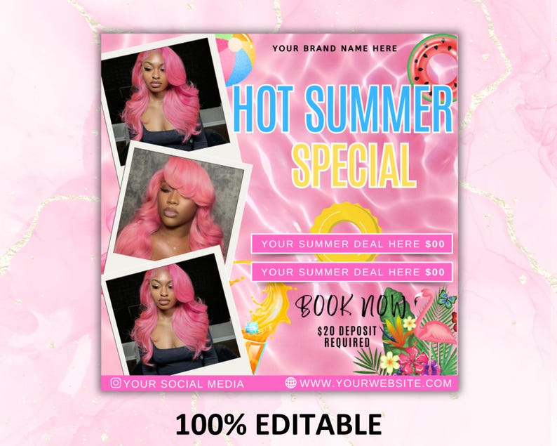 May include: Pink and yellow graphic with the text "HOT SUMMER SPECIAL" and three photos of a person with pink hair. The graphic includes a beach ball, a watermelon slice, and a flamingo.