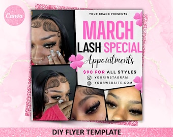 March lash Special Flyer, lash Flyer, lash Esthetician Flyer, Lash Booking, Luckycharm lash Deals, March Madness lash Extension, Canva