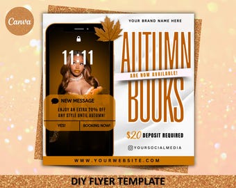 Autumn Booking Flyer, September Flyer, September Book Now Appointment Flyer, Fall Booking Flyer, MUA Nails Lash Braids Hair Flyer, Canva