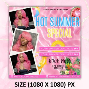 May include: Pink and white promotional graphic with the text "HOT SUMMER SPECIAL." The image includes photos of a person with pink hair, a beach ball, a watermelon slice, and a flamingo. The graphic also includes the text "BOOK NOW."