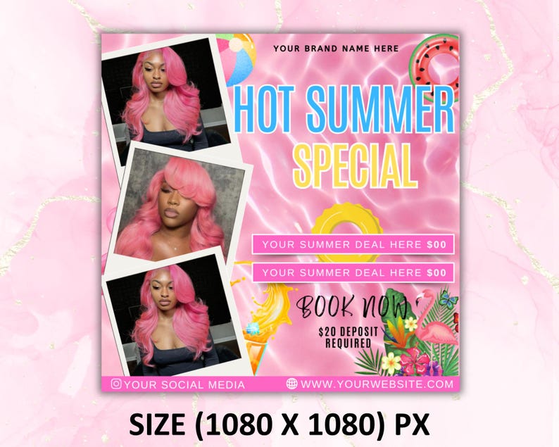 May include: Pink and white promotional graphic with the text "HOT SUMMER SPECIAL." The image includes photos of a person with pink hair, a beach ball, a watermelon slice, and a flamingo. The graphic also includes the text "BOOK NOW."