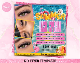 Flyer spécial cils d&#39;été, Flyer offre spéciale cils d&#39;été, Flyer spécial cils, saison estivale, MUA Nails tresses de cils, éditable sur toile