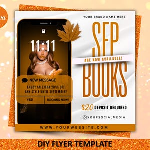 May include: A digital flyer template with a gold and white design. The flyer includes a phone screen with a woman's image, the text "SEP BOOKS ARE NOW AVAILABLE!" and a message offering a 20% discount until September.