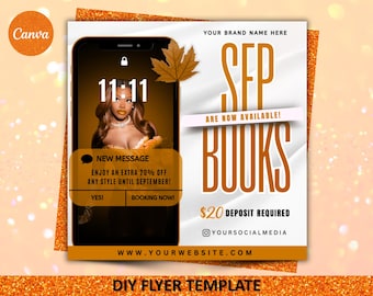 Flyer de réservation de septembre, Flyer de septembre, Flyer de rendez-vous de septembre Book Now, Flyer de réservation d&#39;automne, Flyer MUA Nails Lash Braids, Canva