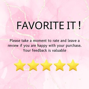 May include: Pink and gold marble background with the text "FAVORITE IT!" and a request to rate and review the purchase. Four yellow star icons are displayed below the text.