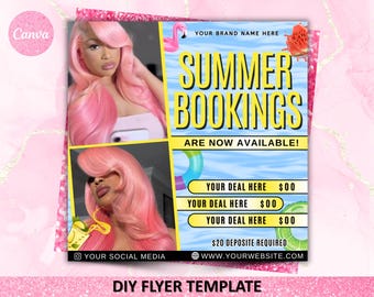 Summer Bookings Flyer, Summer Special Flyer, Summer Special Deal Flyer,  Summer Season, MUA Nails Lash Braids Lash Hair, Canva Editable