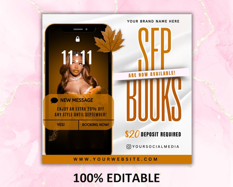 May include: A promotional graphic with a phone displaying a woman's image, a fall leaf, and text that reads "SEP BOOKS ARE NOW AVAILABLE!" with a 20% off promotion until September. The graphic is 100% editable.