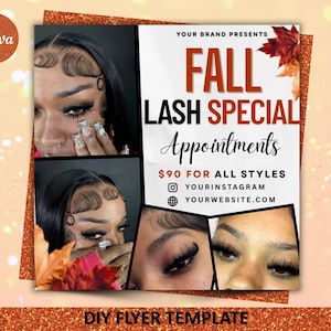 Peut inclure: Flyer promotionnel pour une offre spéciale d'automne sur les cils. La conception présente des images d'yeux avec de longs cils. Le texte comprend "FALL LASH SPECIAL Appointments" et "90 $ POUR TOUS LES STYLES". Modèle de flyer DIY avec logo Canva.
