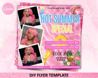 Hot Summer Special Flyer, Summer Special Deal Flyer, Summer Bookings Flyer, Summer Season, MUA Nails Lash Braids Lash Hair, Canva Editable