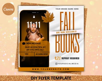 Fall Booking Flyer, September Flyer, October Book Now Appointment Flyer, Fall Booking Flyer, MUA Nails Lash Braids Hair Flyer, Canva