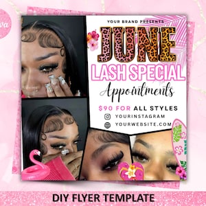 Puede incluir: Una plantilla de folleto digital con un collage de imágenes que muestran extensiones de pestañas, con el texto YOUR BRAND PRESENTS JUNE LASH SPECIAL Appointments, $90 FOR ALL STYLES, YOURINSTAGRAM y YOURWEBSITE.COM, decorado con gráficos tropicales.