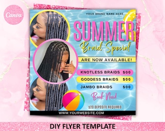 Summer Braids Special Flyer, Summer Special Flyer, Summer Special Deal Flyer,  Summer Season, MUA Nails Lash Braids Lash Hair,Canva Editable