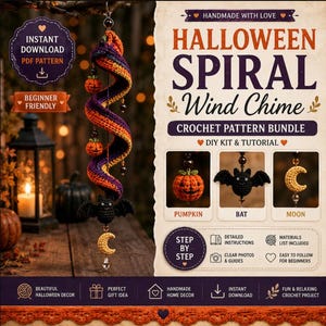 May include: A crochet pattern bundle for a Halloween spiral wind chime featuring orange and purple yarn, with small crocheted pumpkin, bat, and moon ornaments. The text includes HALLOWEEN SPIRAL WIND CHIME, CROCHET PATTERN BUNDLE, and DIY KIT.