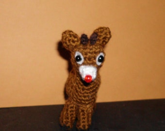 Handmade Crocheted Amigurumi Rudolph the Red Nosed Reindeer 3 1/2" Tall by The Knitting Gnome.. Cute