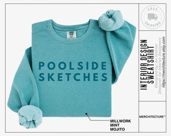 Poolside Sketch Sweatshirt, Interior Designer Unisex Vintage Style Pullover, Cozy Gift for Her, Perfect for Fall, Casual Wear