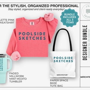 Puede incluir: Un conjunto de tres artículos para el profesional elegante y organizado. Incluye una sudadera rosa con el texto "Poolside Sketches", una bolsa de tela blanca con el texto "Poolside Sketches" y un vaso azul claro con el texto "Poolside Sketches".