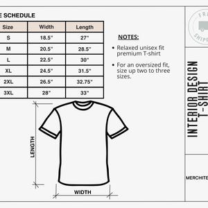 May include: Size chart for a unisex t-shirt with a relaxed fit. The chart shows sizes from S to 3XL with corresponding width and length measurements in inches. The chart also includes notes about the fit and sizing.