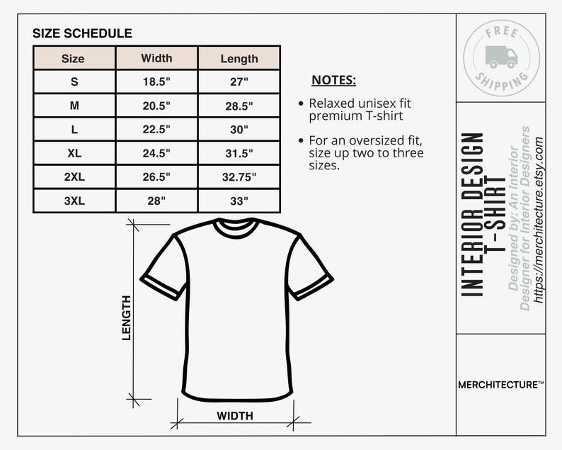May include: Size chart for a unisex t-shirt with a relaxed fit. The chart shows sizes from S to 3XL with corresponding width and length measurements in inches. The chart also includes notes about the fit and sizing.