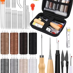 Leather Craft Sewing Kit | 32/50pcs Hand Stitching Set with Thread, Awl & Needles | Upholstery, Car Seat, Sofa and Shoe Repair Tools