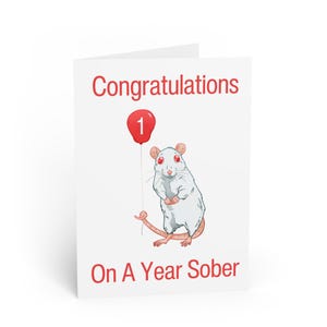 Greeting Cards, Funny One Year Sober Card, Rat with Year Balloon, Keep Coming Back, Alcoholics Anonymous, Year Sobriety Card, Year