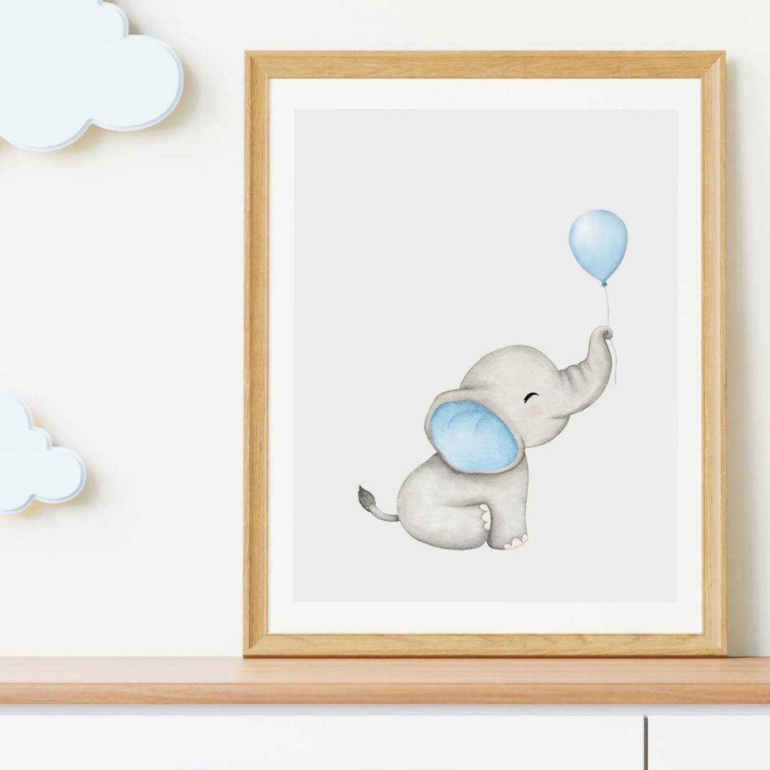 Baby Elephant Nursery Wall Art Print | Blue Balloon | Printable Digital ...