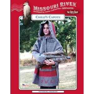 May include: A child's capote, a hooded coat, in gray wool with a red hood and stripe. The coat has a front pocket and is worn by a person holding firewood. The Missouri River Brand logo is visible.