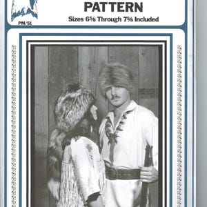 May include: Monochrome image of a fur hat pattern. The pattern includes sizes 6 5/8 through 7 5/8. The image shows a man and woman wearing fur hats. The text "Classic FUR HAT PATTERN" is at the top.