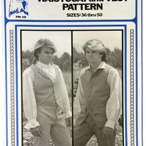 May include: A vintage sewing pattern for waistcoats and vests. The pattern cover features two men modeling the garments. The text reads "WAISTCOAT and VEST PATTERN" and "SIZES: 36 thru 50". The cover has a blue border and an eagle illustration.