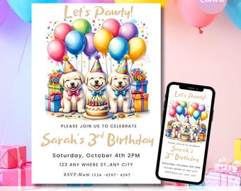 Puppy Birthday Invitation, Dog Party Invite, Kids Bday Evite (Digital Download)