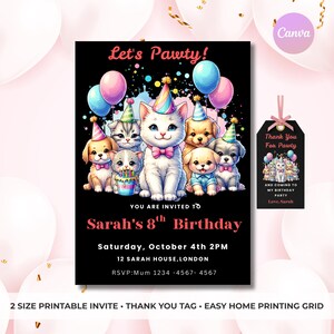 Invitación de cumpleaños infantil, "Gatos, perros y pataletas", etiqueta de agradecimiento (descarga digital)