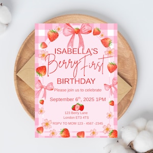 Strawberry First Birthday Invitation: Editable Canva Template (Digital Download 5x7in), Birthday Invite