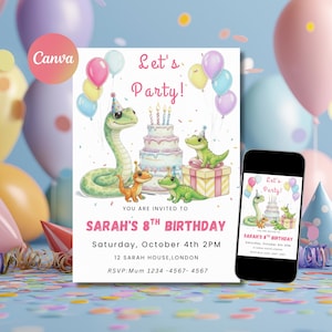 Puede incluir: Una invitación de cumpleaños con el texto "Let's Party!" y "Sarah's 8th Birthday." La invitación presenta ilustraciones de una serpiente, caimanes, una tarta y globos. Un smartphone muestra la misma invitación.