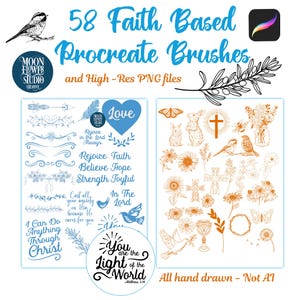 May include: A set of 58 faith-based Procreate brushes and high-resolution PNG files. The image shows two columns of illustrations, including a cross, birds, flowers, and a heart with the word "Love". The text "All hand drawn - Not AI" is at the bottom of the image.