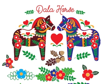 Dala Horse, Vector EPS File, Digital download, Clip Art, Bright Colors