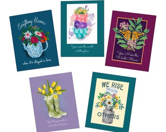Floral Sentiment Greeting Cards | Artist Created | 5 Card Multipack