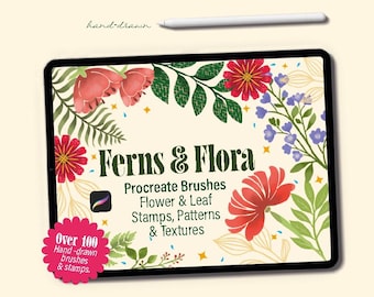 Ferns & Flora Procreate Hand-Drawn Brush Set, Floral Stamps, Patterns, Textures (Digital Download)