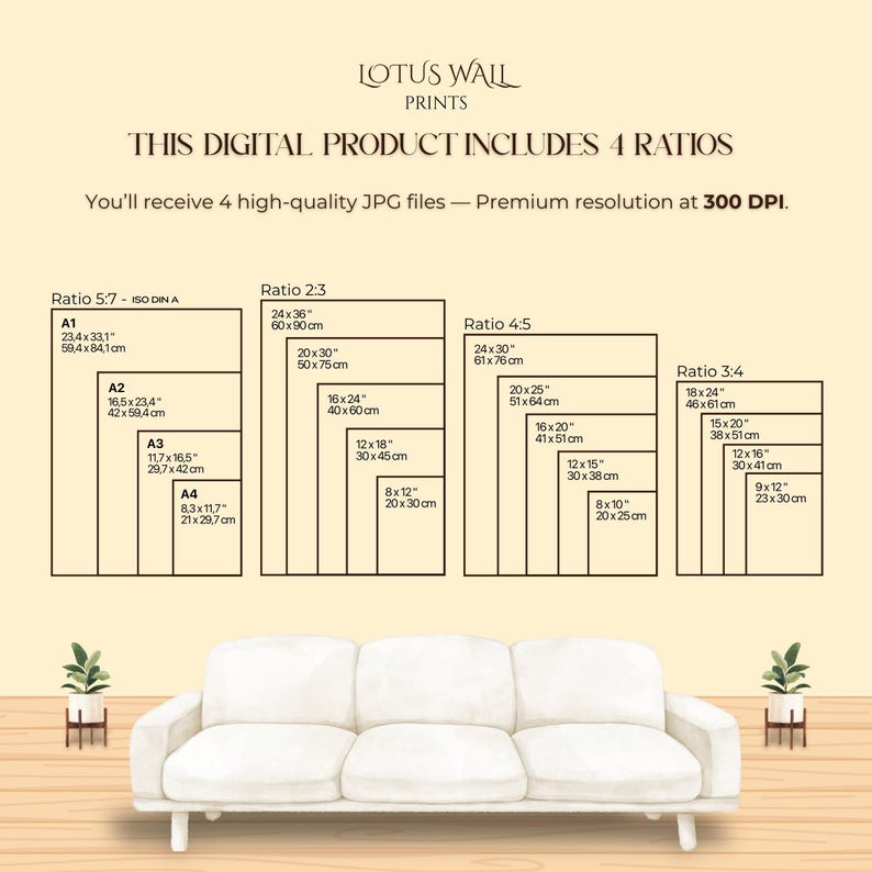 May include: A digital product image from Lotus Wall Prints, including 4 ratios for high-quality JPG files at 300 DPI. The image shows various size options, including 24x36 inches, 20x30 inches, and 16x24 inches, with a white sofa in the foreground.
