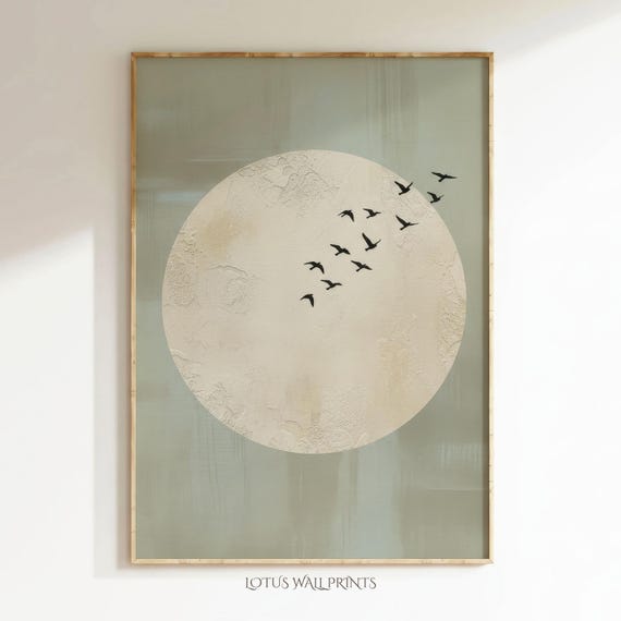 Japandi Wall Art, Minimalist Moon With Birds, Sage Green & Beige, Printable (Instant Download)