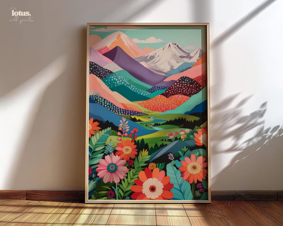 Colorful Mountain Landscape Art Print – Floral Wall Decor (digital ...