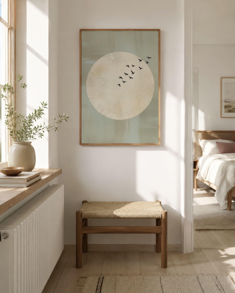 May include: A framed wall art print featuring a large, off-white circle against a pale green background, with a flock of black birds in flight. A wooden bench with a woven seat sits below the artwork. The room has a neutral color palette.