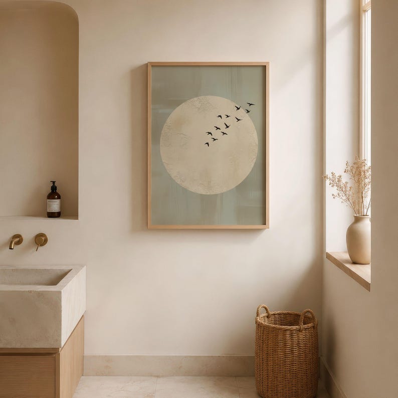 May include: A framed wall art print featuring a large, light beige circle against a muted blue-green background. Black birds fly across the top right. The frame is light wood. The art hangs on a beige wall.