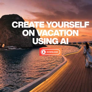 May include: A scenic sunset image with text that reads "CREATE YOURSELF ON VACATION USING AI." A person in a silver dress walks on a wooden walkway towards the horizon. A download button is visible.